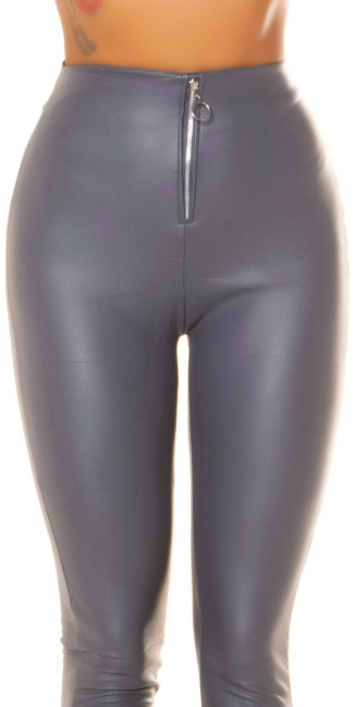 hoge taille faux leder broek met ritssluiting grijs